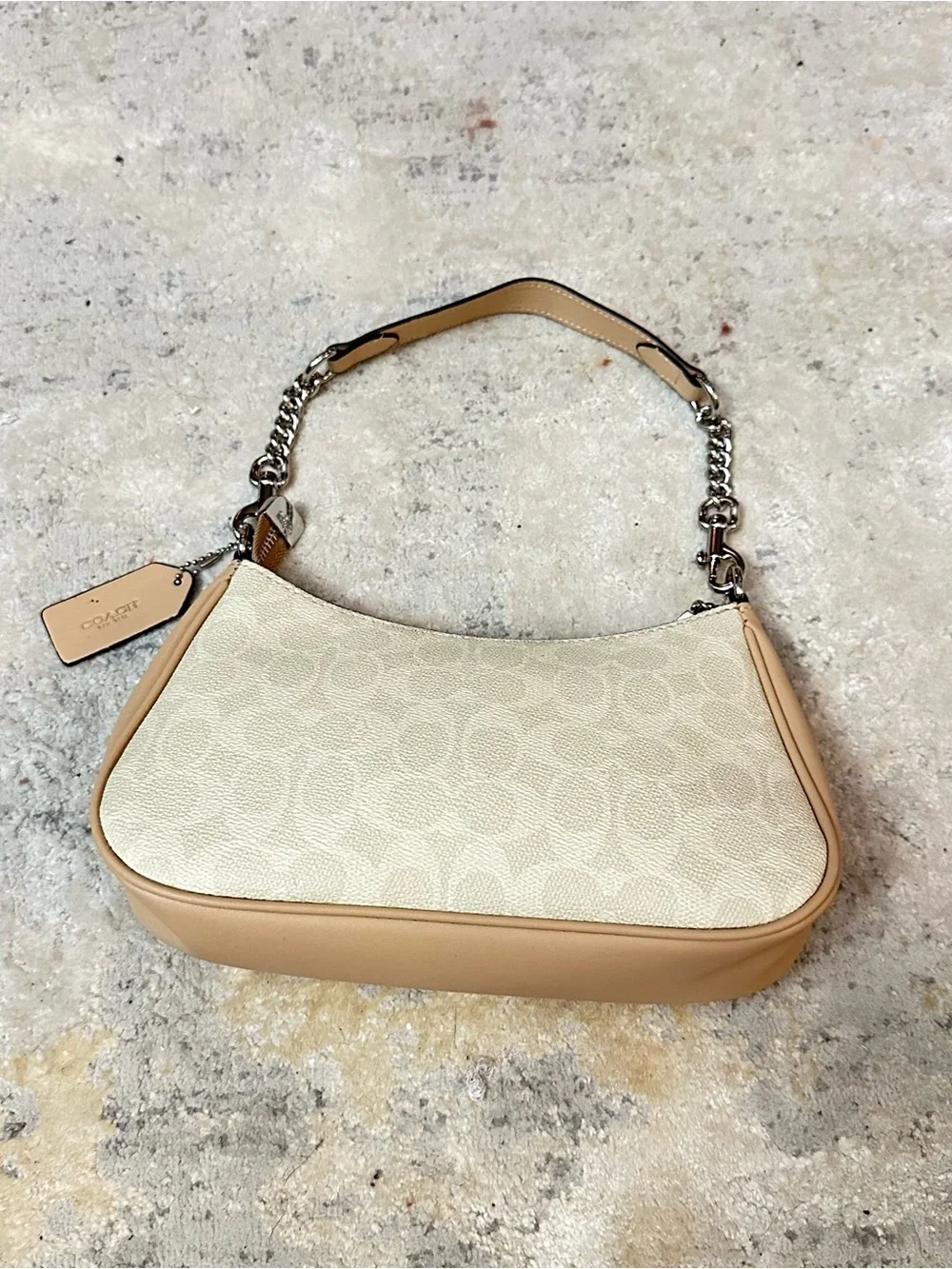 Coach Cream Signature Jacquard Shoulder Bag with Tan Trim